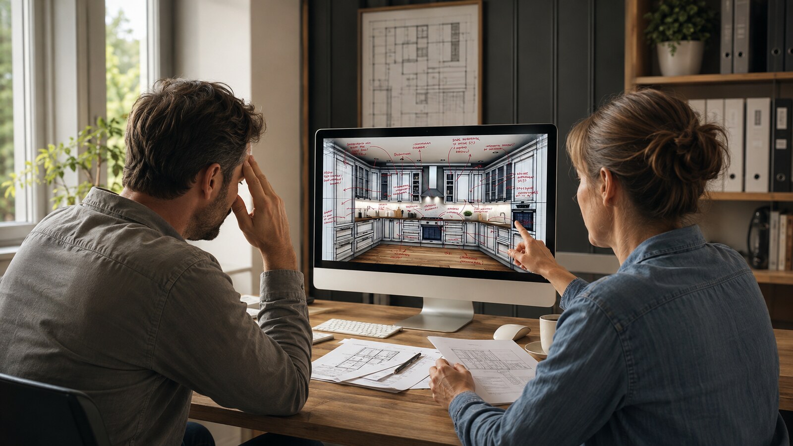 Koppel dat verward naar een computerscherm met een druk geannoteerd keukenplan kijkt